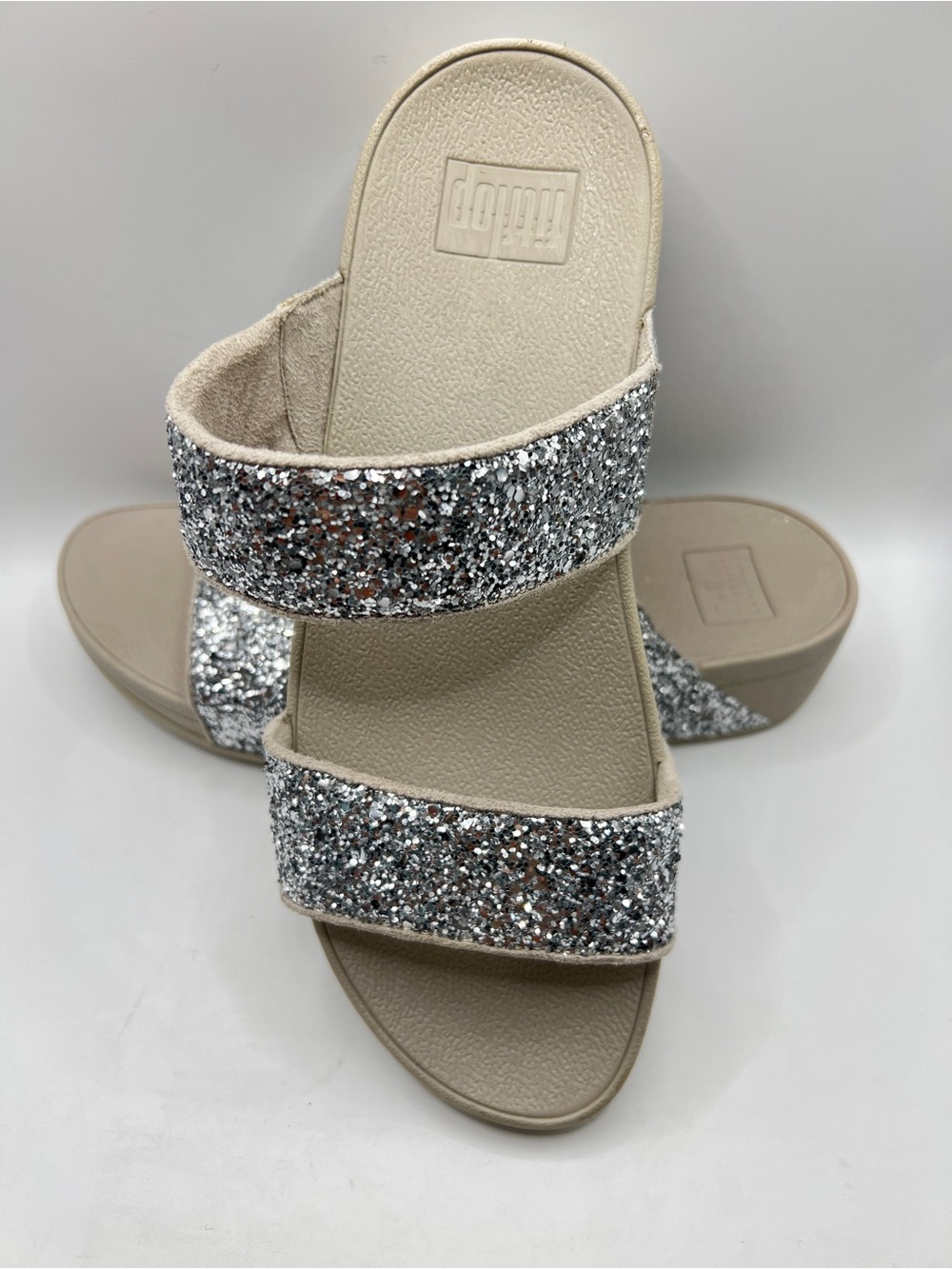 FitFlop Womens Silver Glitter Wedge Slide Double Strap Slip on Sandals   Sz 8